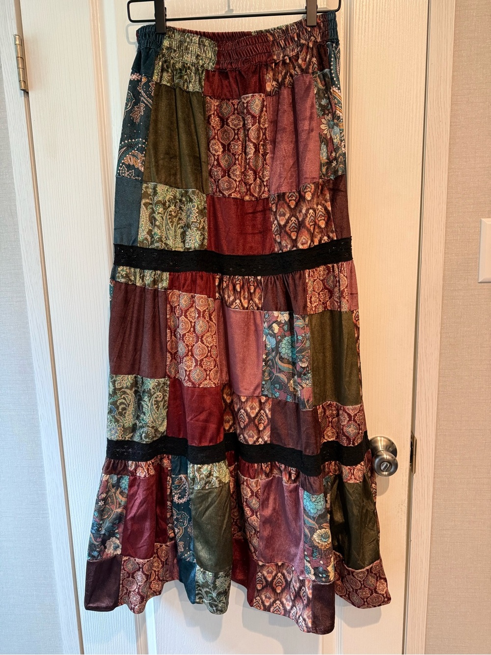 NWT EARTHBOUND Patchwork Maxi Skirt in Burgundy, Olive and Teal